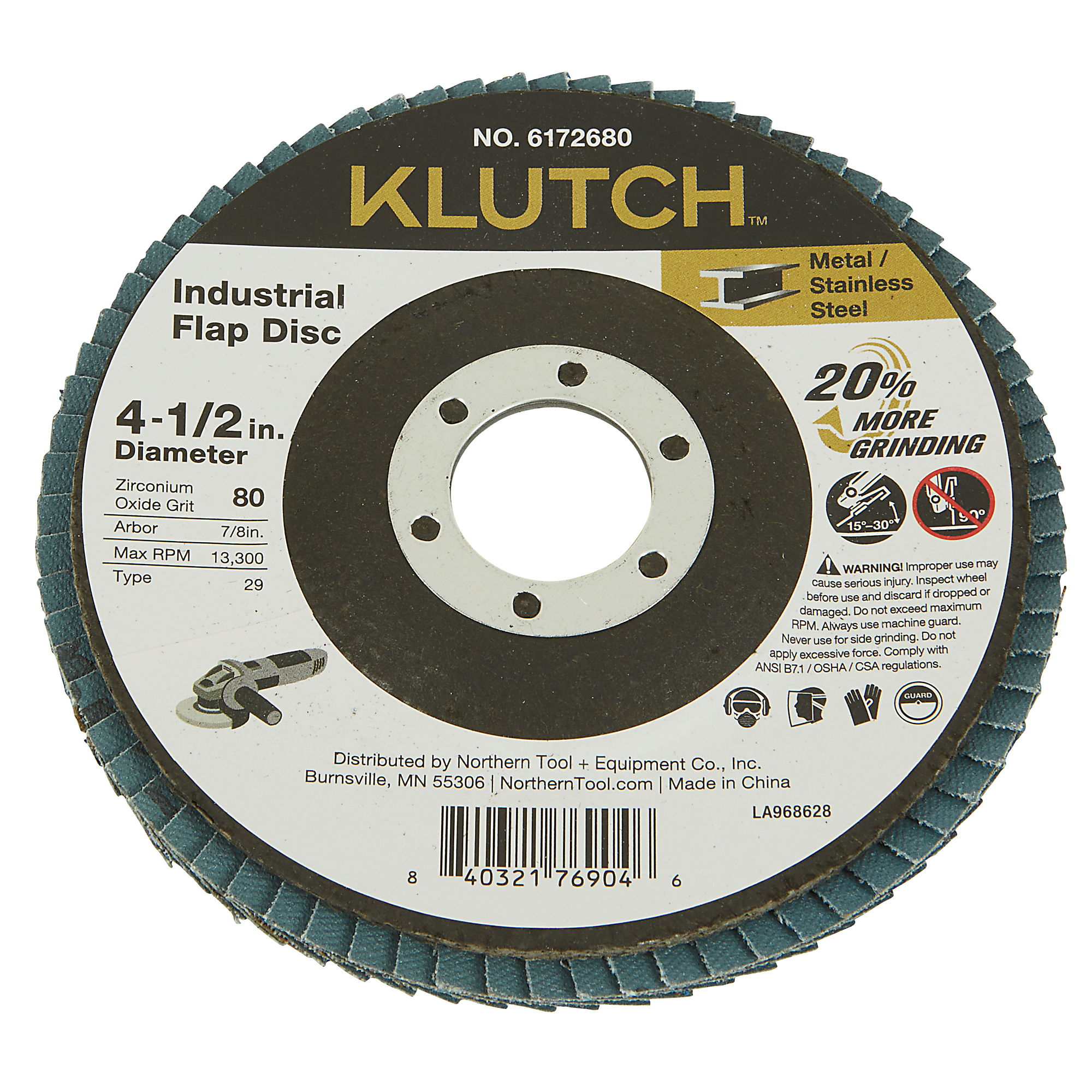 Klutch Industrial Metal Flap Disc, 4-1/2in. x 7/8in., 80 Grit, Type 29
